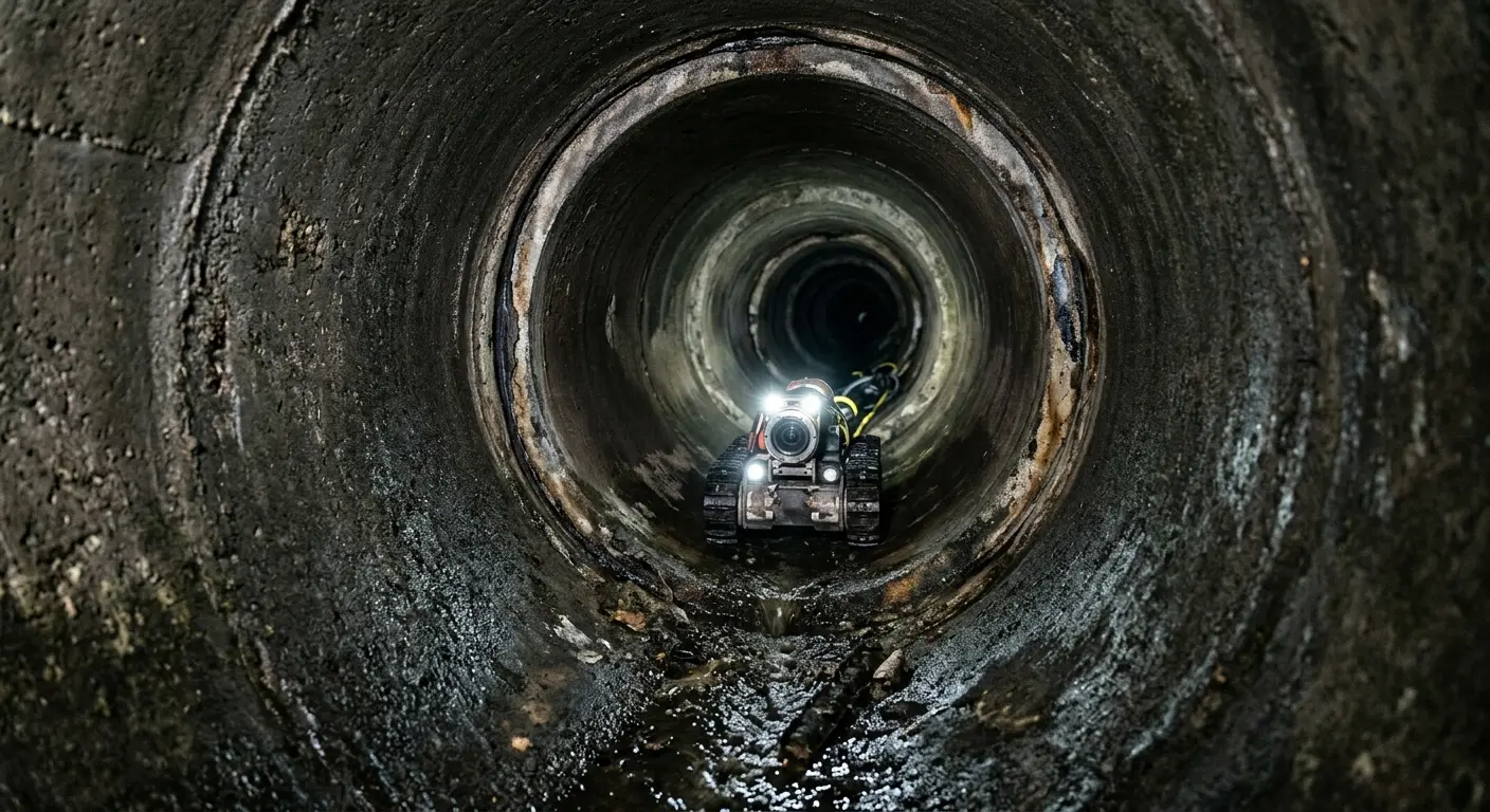 Robotic sewer camera inspecting pipe interior for Sewer Line Cleaning in Linton Hall
