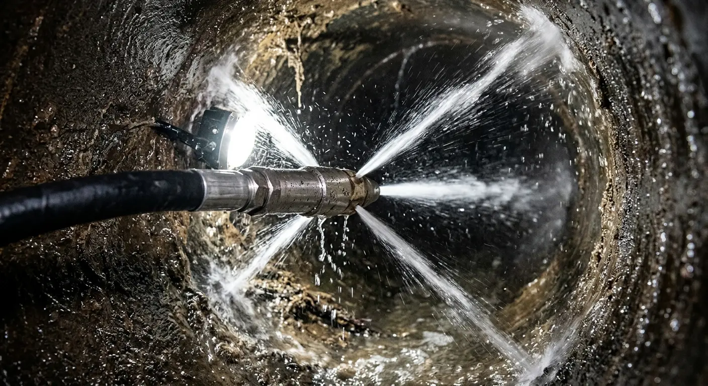 High-pressure hydro jetting nozzle cleaning sewer pipe for Trenchless Sewer Repair in Linton Hall