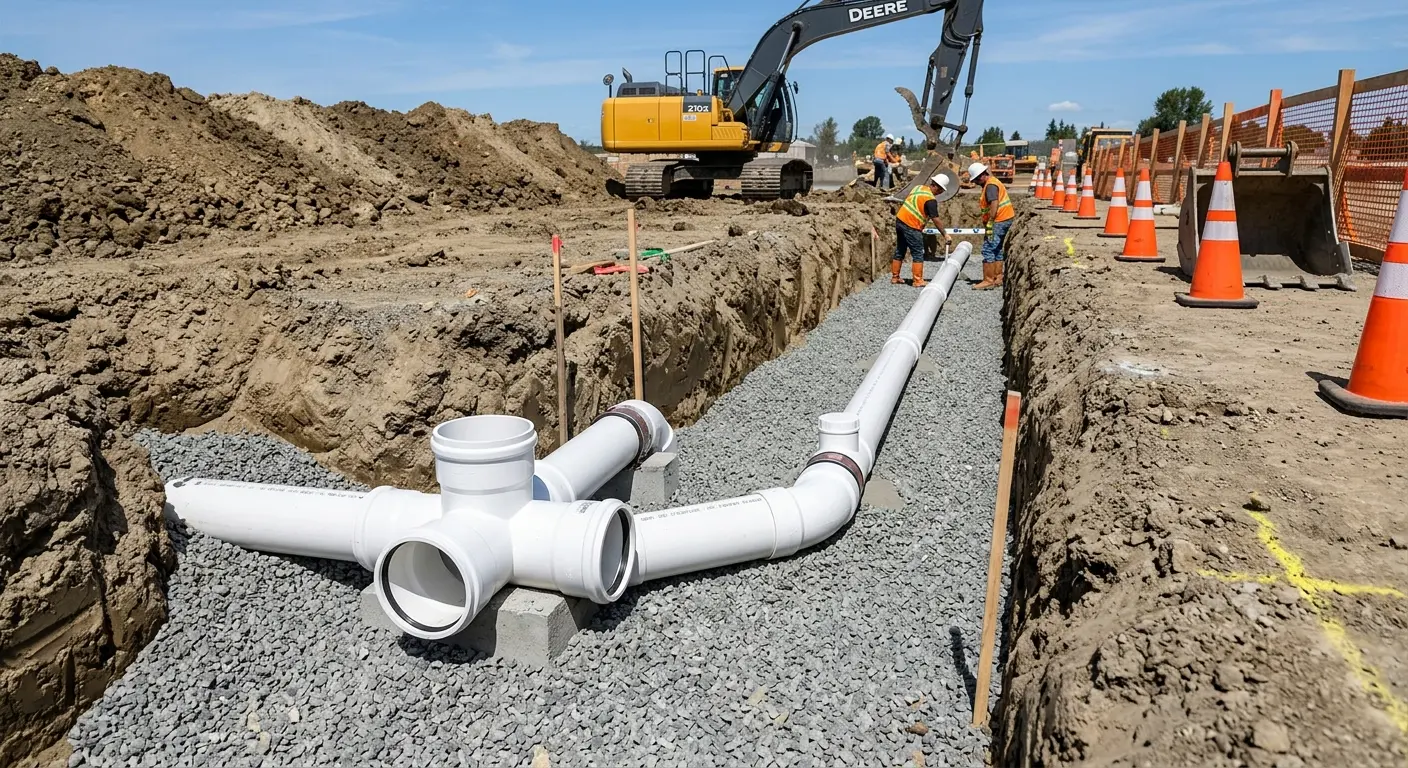 New PVC sewer pipe installation in open trench for Sewer Backup in Linton Hall