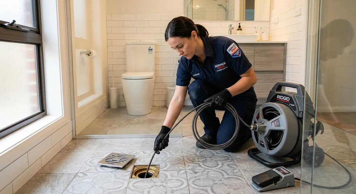 Technician clearing a bathroom floor drain for Drain Cleaning in Linton Hall